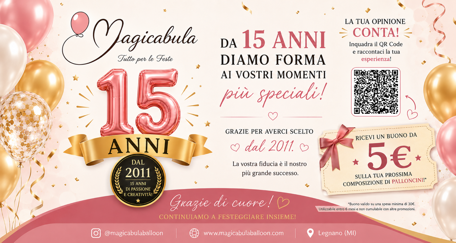 Magicabula Legnano celebra 15 anni di attività con QR Code per recensioni Google e buono da 5 euro.